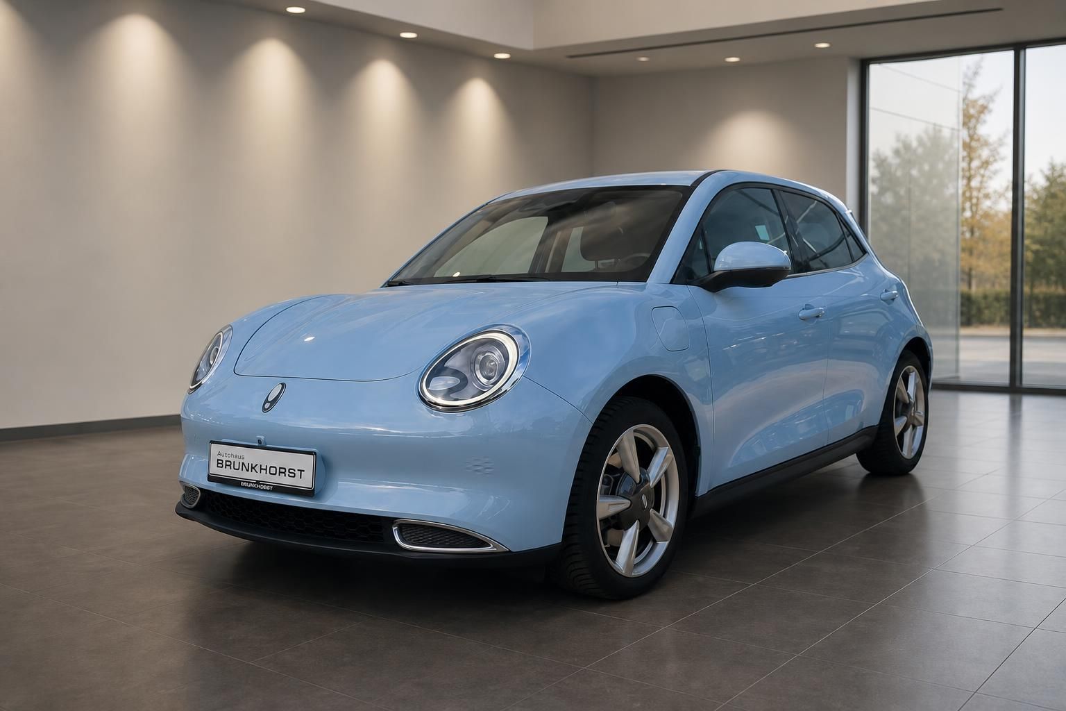 Hellblauer Elektro-Kleinwagen in modernem Autohaus-Showroom - Frontansicht mit eleganter Beleuchtung