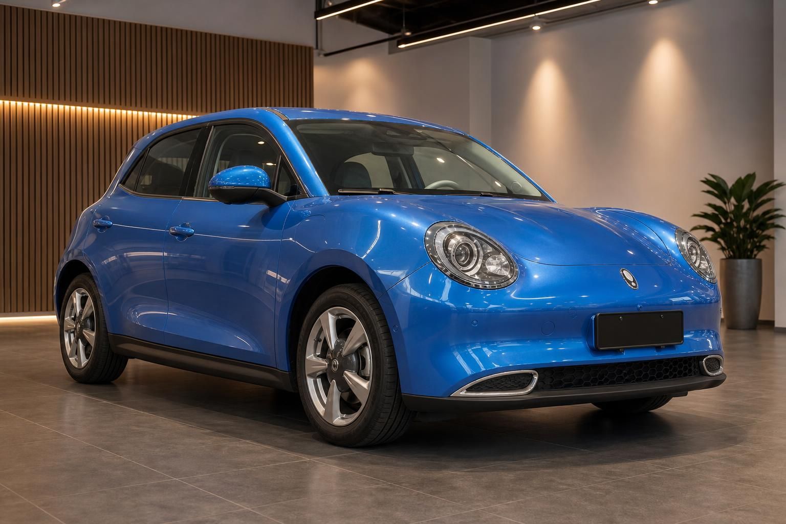 Blauer Elektro-Kleinwagen im modernen Autohaus-Showroom - Seitenansicht mit verdecktem Kennzeichen