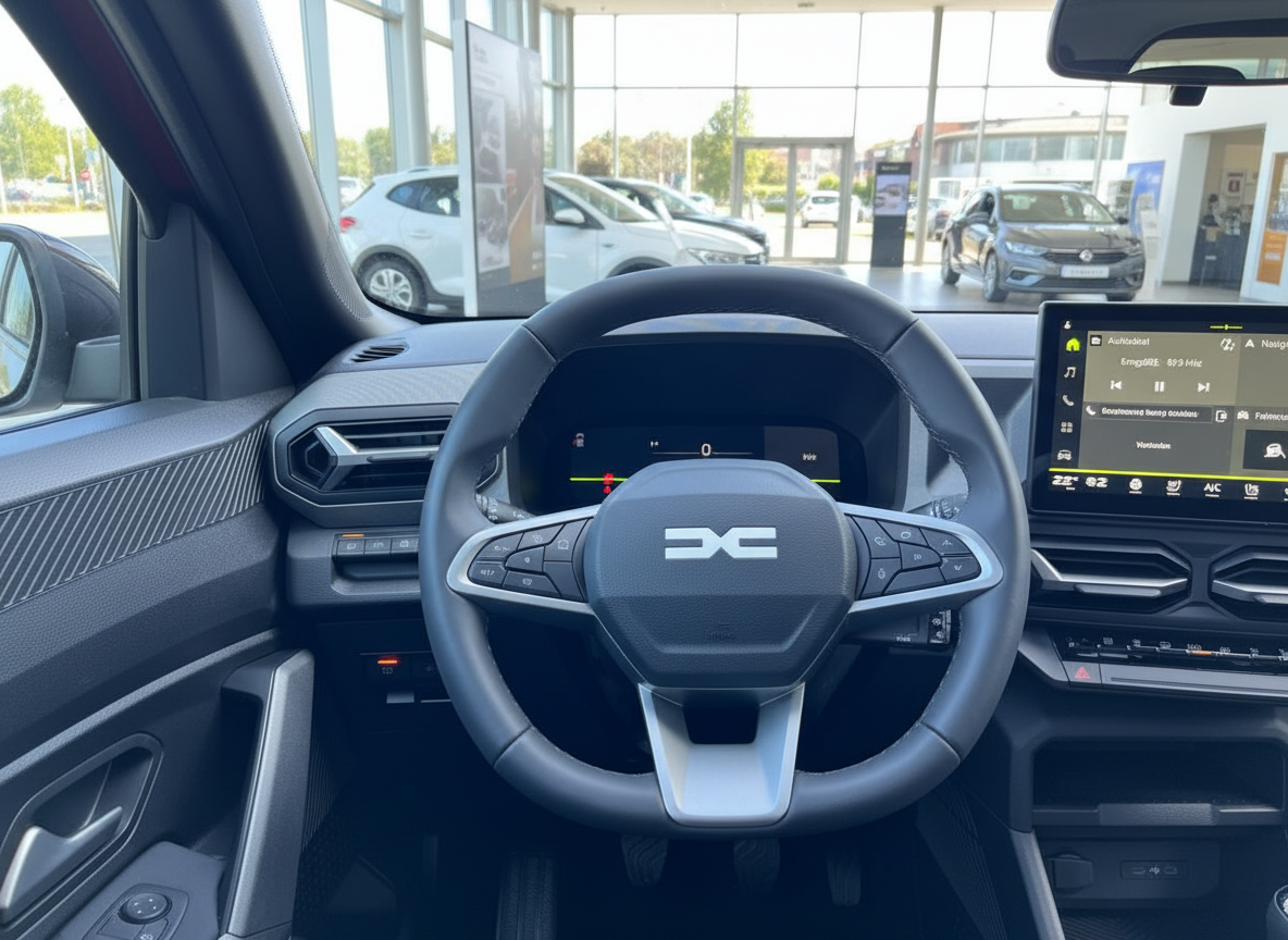 Dacia Innenraum mit Lenkrad, digitalem Cockpit und Touchscreen-Infotainment im Autohaus