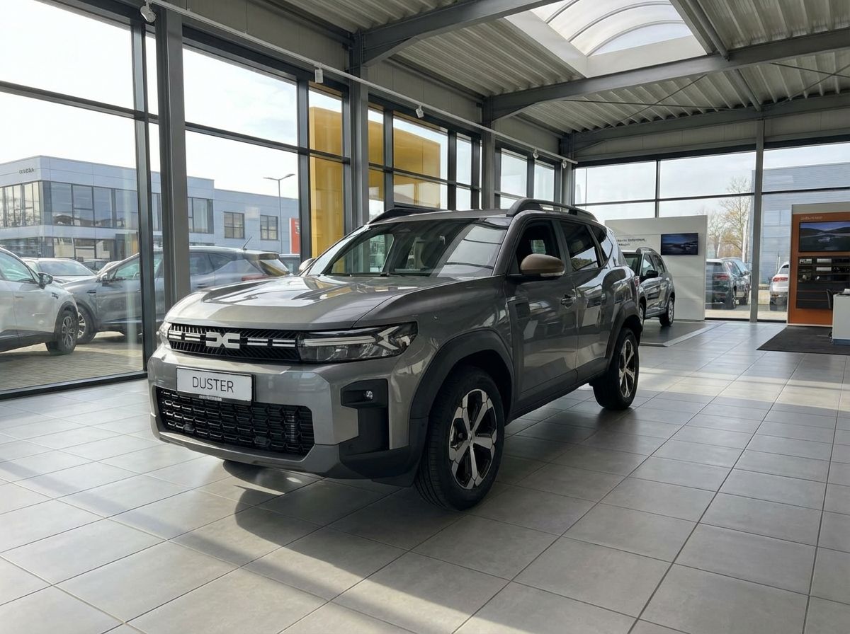 Dacia Duster SUV in Grau im Autohaus Showroom – Frontansicht des neuen Modells