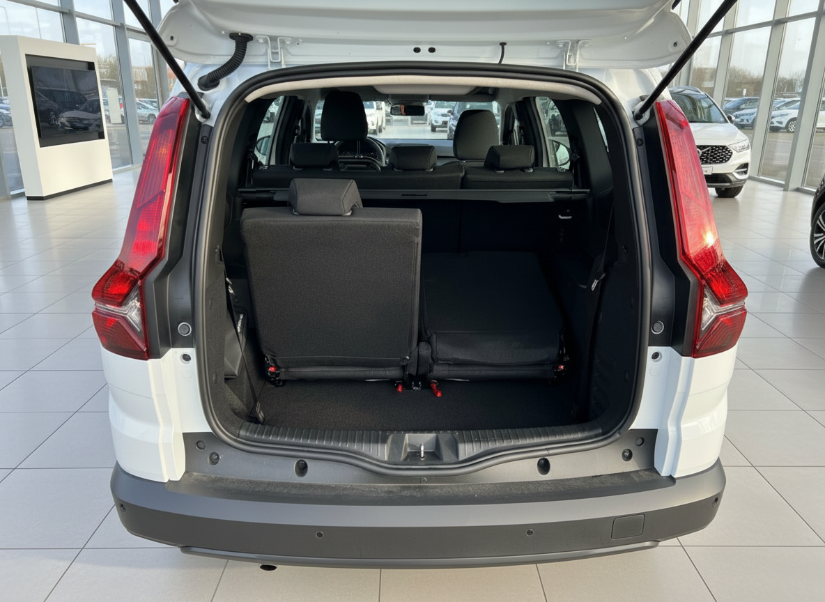 Dacia Jogger Kofferraum offen mit umgeklappter Rücksitzbank in weißem Autohaus