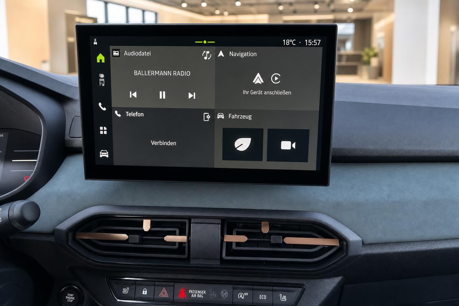 Touchscreen-Infotainment-System mit Navigation und Audiodatei-Anzeige im Fahrzeug-Dashboard