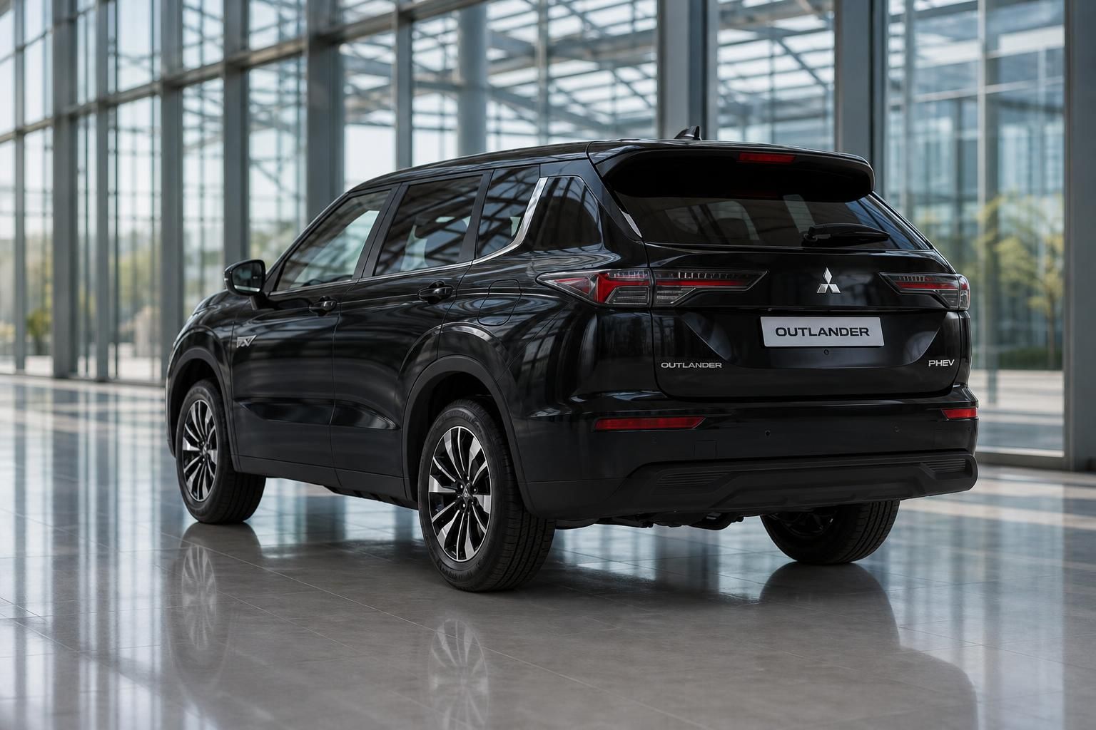 Mitsubishi Outlander PHEV schwarz Heckansicht in modernem Showroom