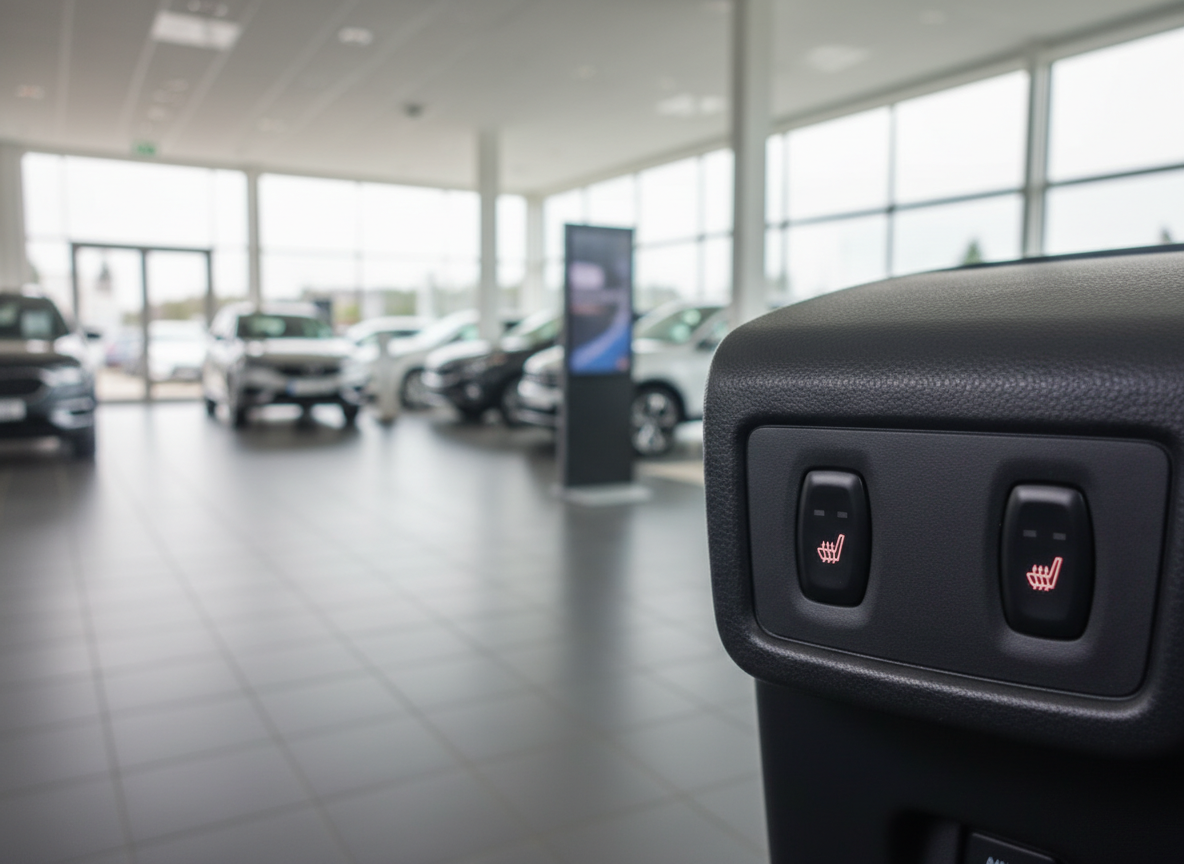 Fahrzeug-Innenraum mit Sitzheizung-Tasten im Autohaus-Showroom