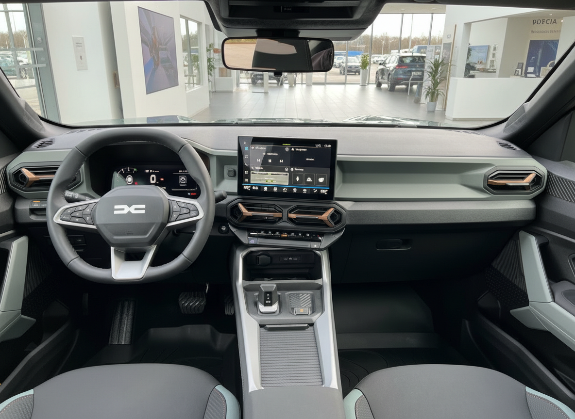 Dacia Innenraum mit digitalem Cockpit, Touchscreen und modernem Lenkrad im Autohaus
