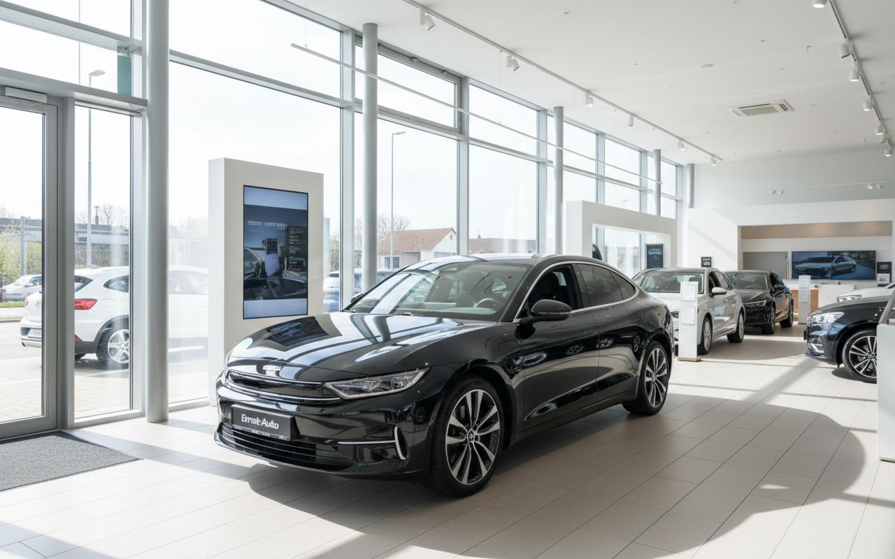 Schwarze Limousine im modernen Autohaus-Showroom, Frontansicht schräg links