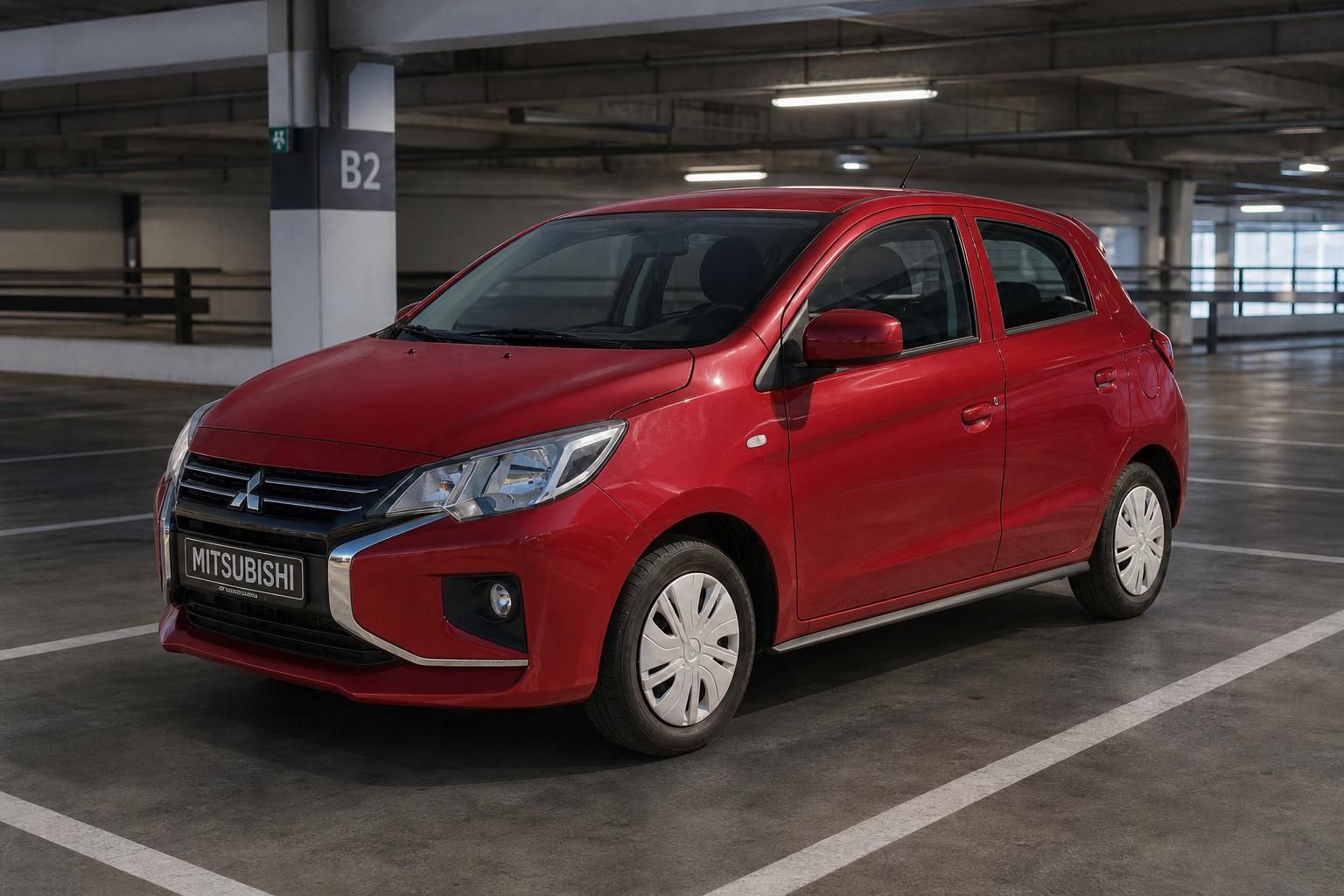 Mitsubishi Space Star rot Frontansicht schräg links in Parkhaus – 5-türiger Kleinwagen