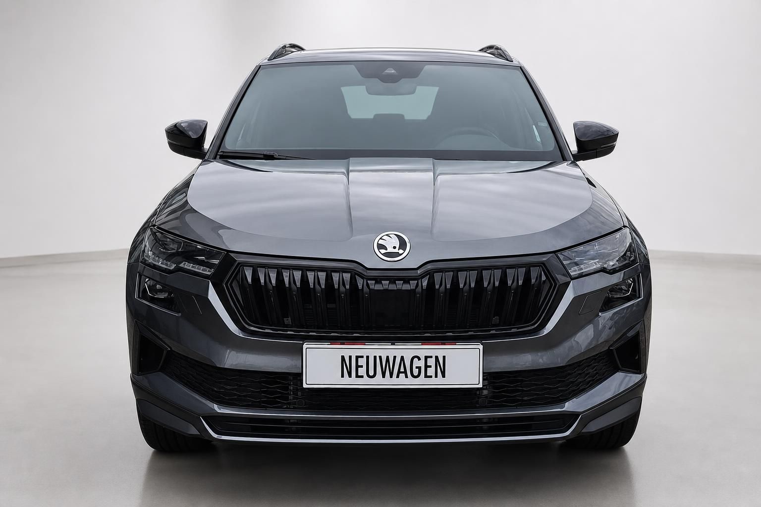 Skoda Karoq grau, Frontansicht mit markantem Kühlergrill