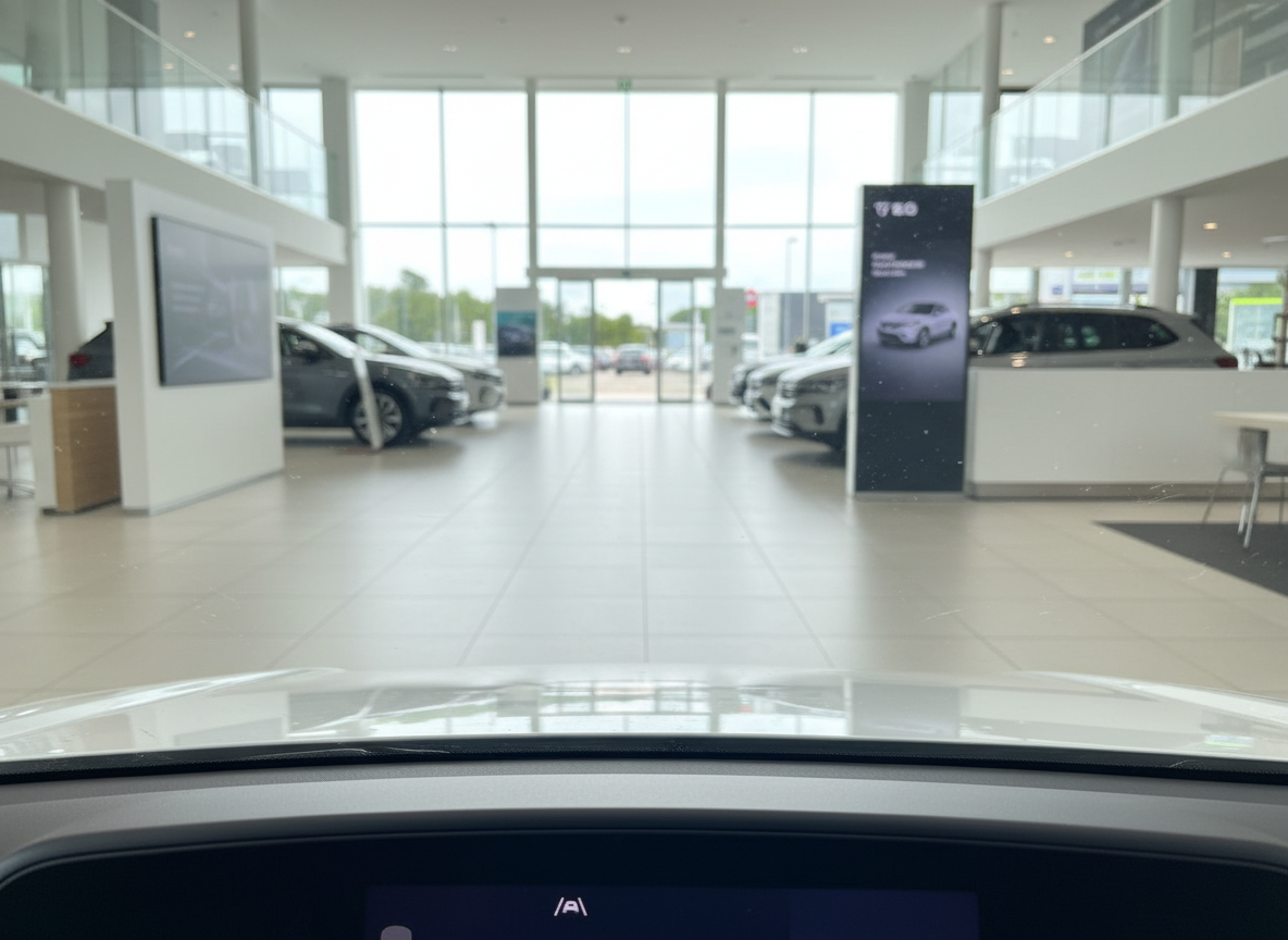 Blick aus dem Innenraum eines Fahrzeugs in einem modernen Autohaus-Showroom mit mehreren Ausstellungsfahrzeugen