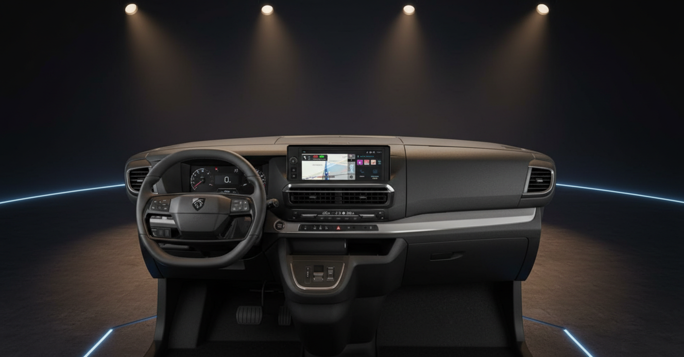 Peugeot Innenraum mit Lenkrad, digitalem Cockpit und Infotainment-Touchscreen