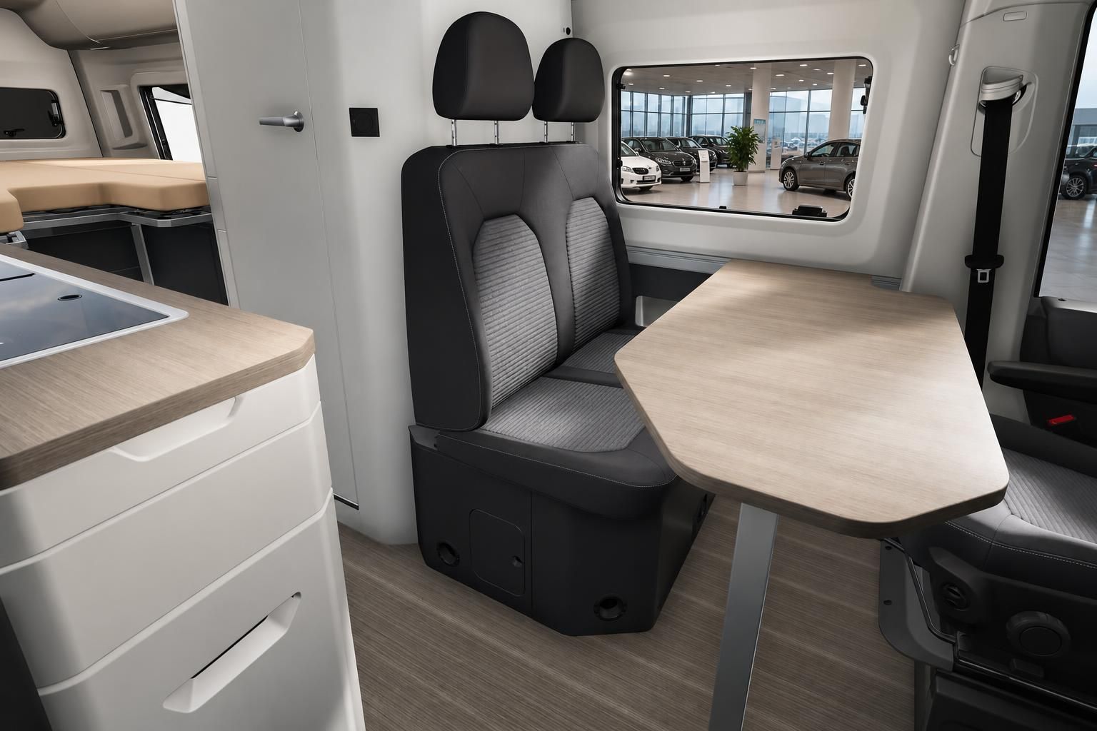 Camper Innenraum mit Sitzbank und ausklappbarem Tisch am Fenster