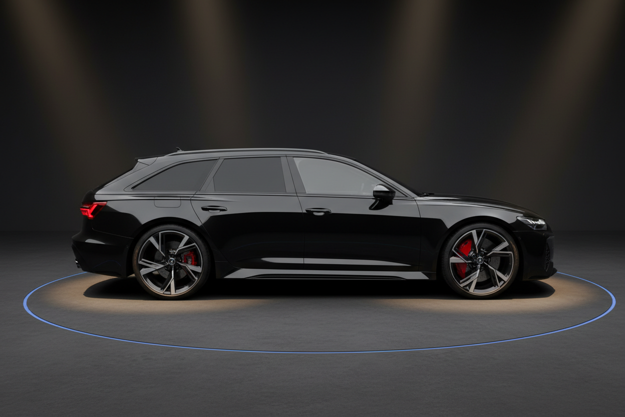 Schwarzer Audi RS6 Avant Kombi Seitenansicht mit roten Bremssätteln und großen Leichtmetallfelgen im dunklen Studio mit dramatischer Beleuchtung