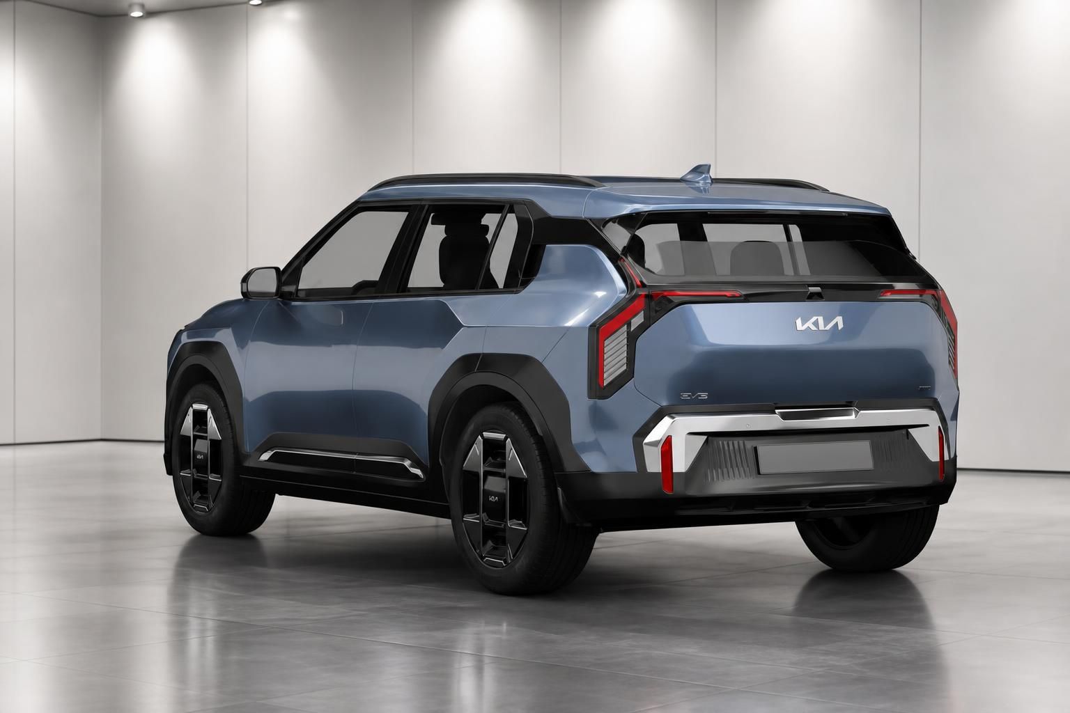 Kia EV3 blau, Heckansicht schräg im Showroom