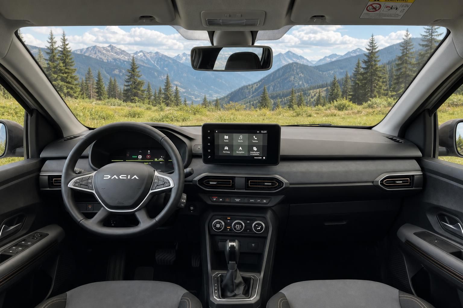 Dacia Cockpit-Ansicht mit Lenkrad, digitalem Display und Bergpanorama durch Windschutzscheibe