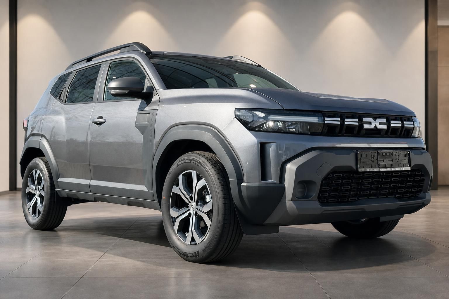 Dacia Duster SUV grau Metallic Schrägansicht vorne rechts mit Leichtmetallfelgen im Autohaus