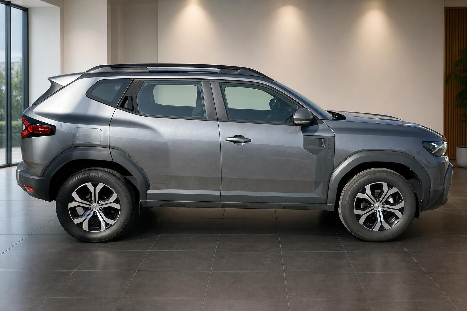 Dacia Duster grau Seitenansicht links im modernen Showroom mit Panoramafenster