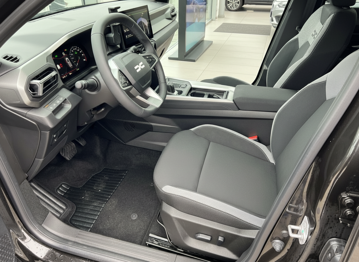 Dacia Innenraum mit Fahrersitz, Lenkrad und digitalem Cockpit in modernem SUV