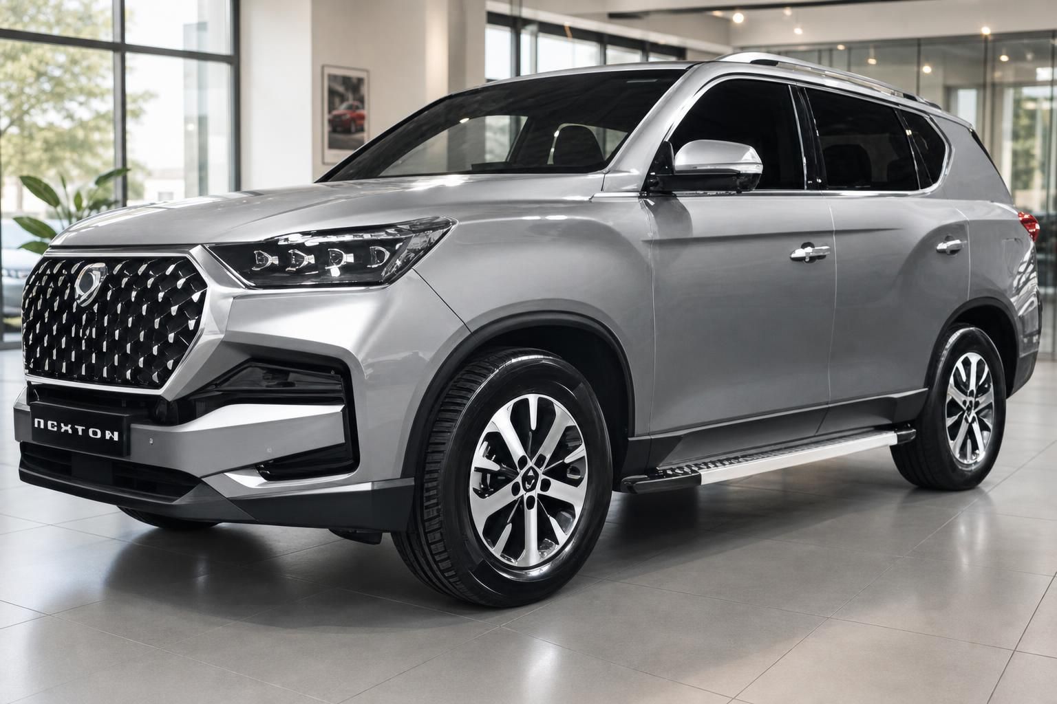 SsangYong Rexton SUV silber Frontansicht schräg im Autohaus Showroom