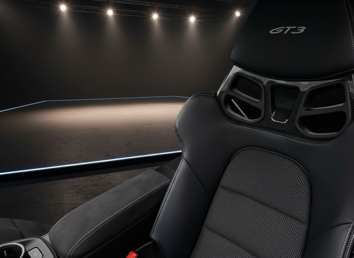 Porsche 911 GT3 Innenraum mit schwarzem Sportsitz, Carbon-Schloss und GT3-Schriftzug