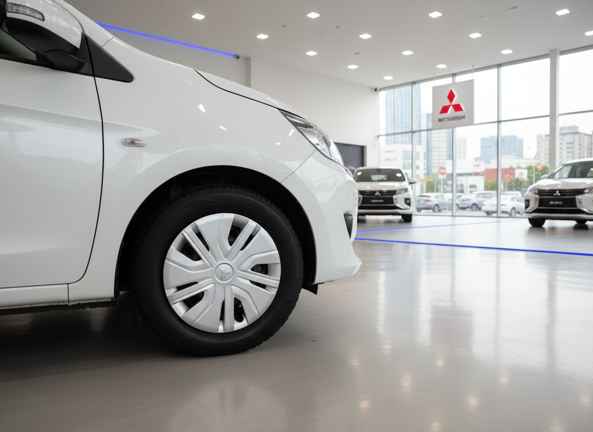 Weißer Mitsubishi Mirage im Autohaus Showroom – Frontansicht mit Detailblick auf Felge