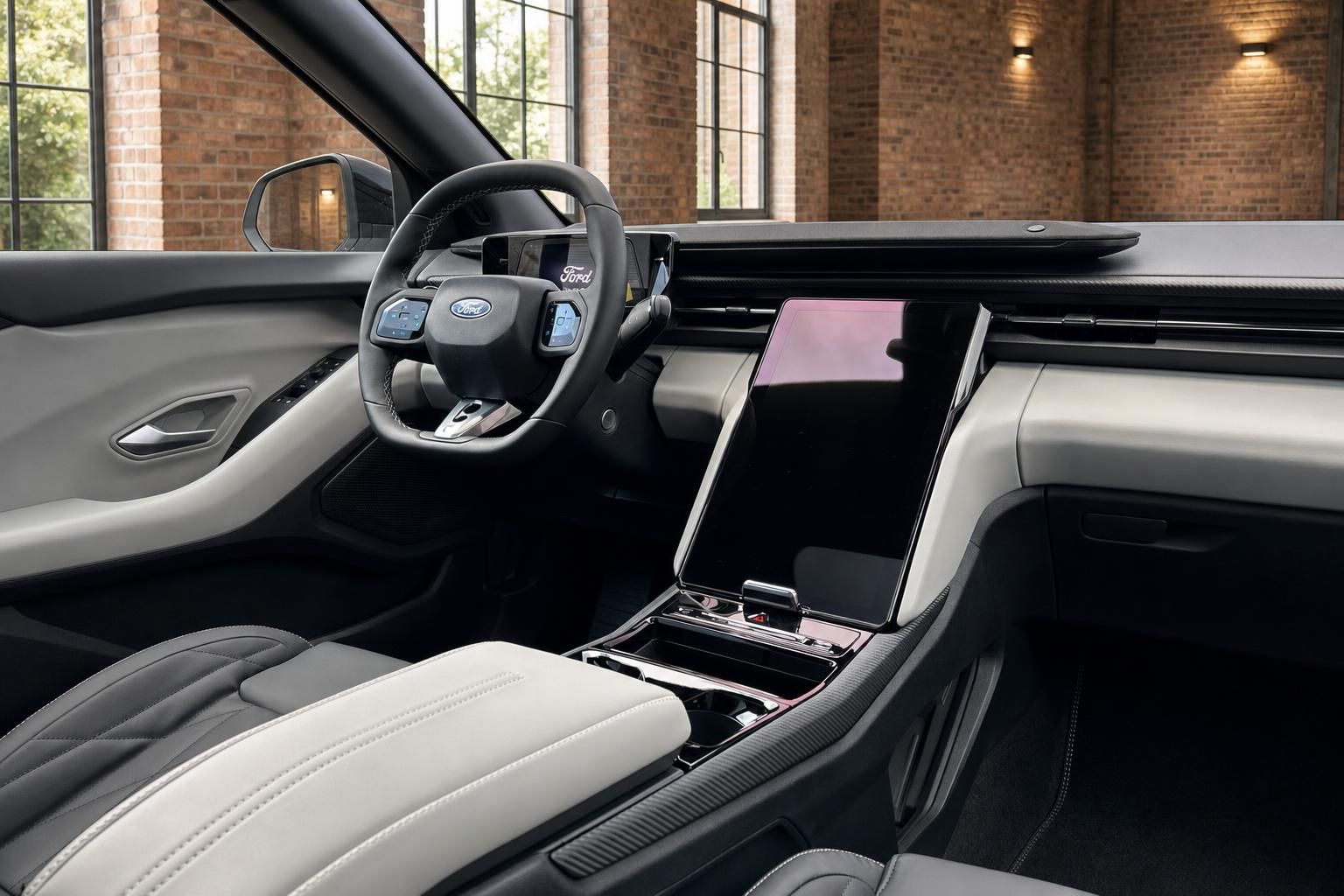Ford Innenraum mit Lenkrad, Mittelkonsole, Touchscreen und zweifarbigem Interieur