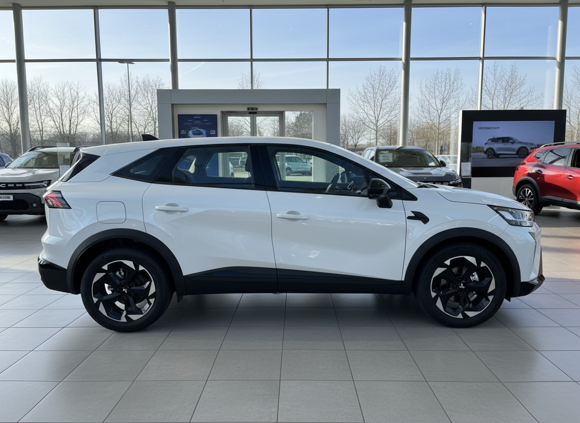 Weißer SUV im Autohaus-Showroom, Seitenansicht mit schwarzen Felgen