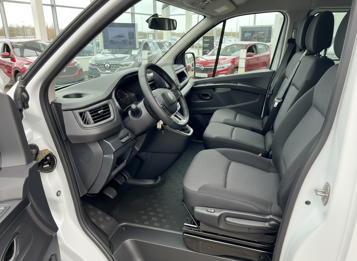 Renault Trafic Innenraum Fahrerkabine mit grauen Sitzen und modernem Cockpit