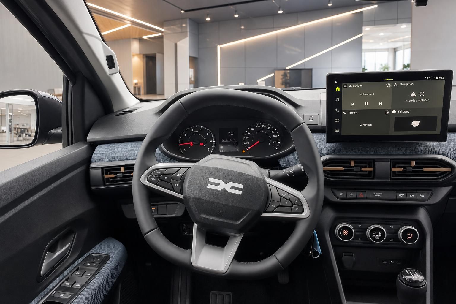 Modernes Fahrzeug Cockpit mit Lenkrad, Armaturenbrett und Touchscreen Display