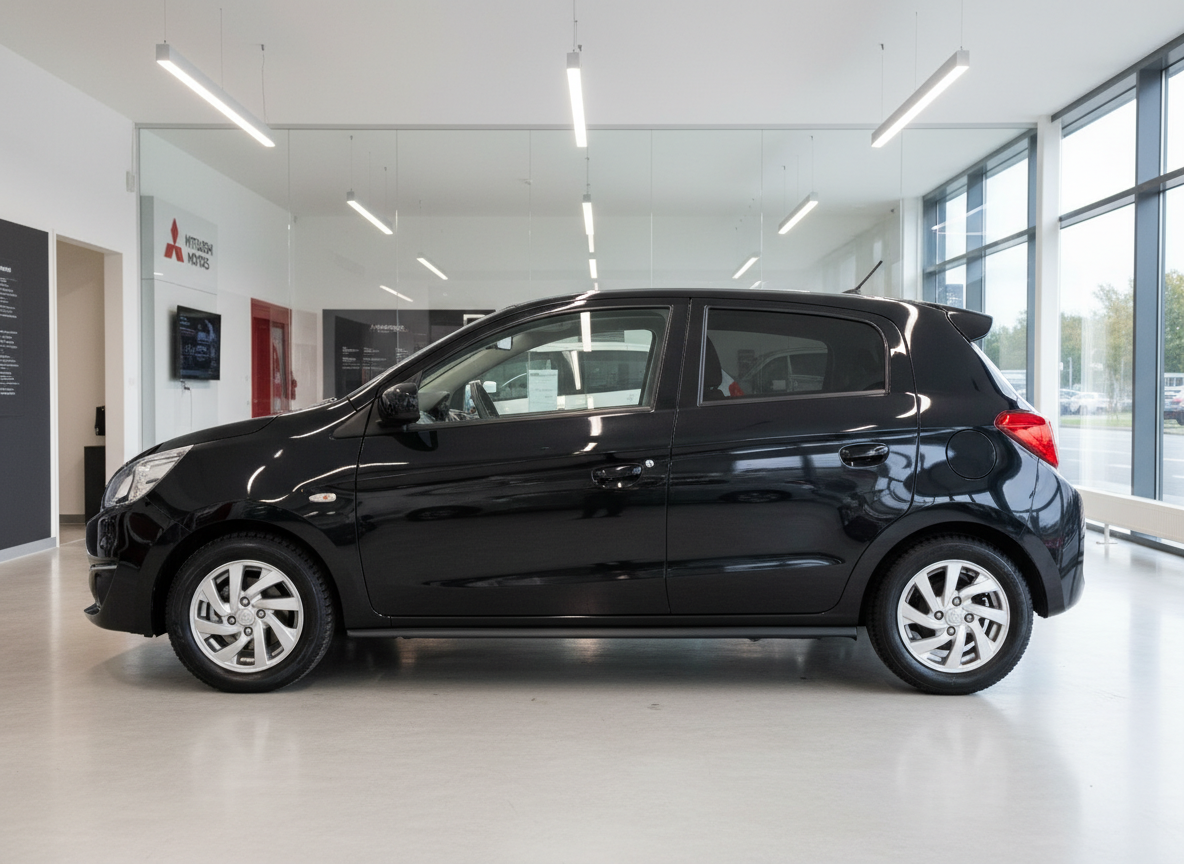Schwarzer Mitsubishi Colt Fünftürer in Seitenansicht im Autohaus-Showroom