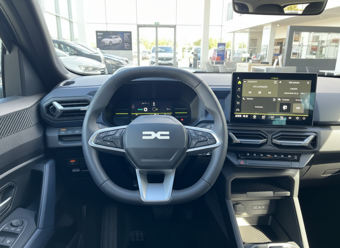 Dacia Innenraum mit Lenkrad und digitalem Infotainment-Display im Autohaus