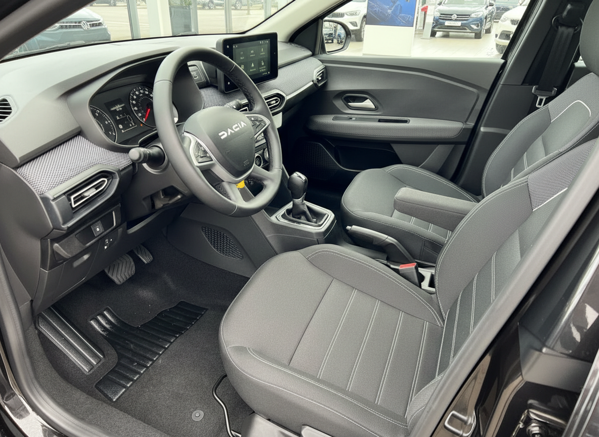 Dacia Innenraum Fahrerseite mit Lenkrad, Infotainment-Display und grauen Stoffsitzen
