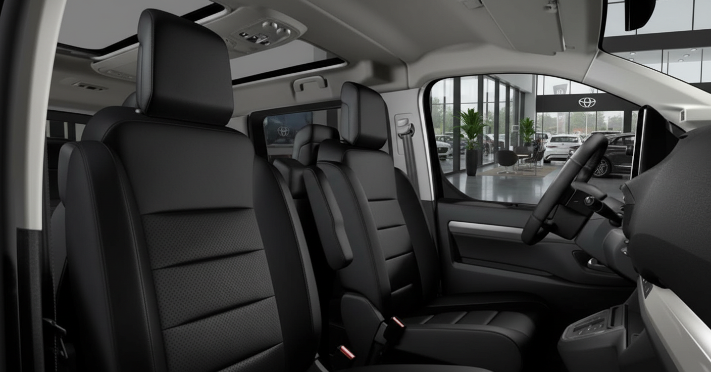 Innenraum Toyota Proace mit schwarzen Ledersitzen, Rückbank mit Entertainment-Bildschirm und Blick durch Windschutzscheibe auf Autohaus-Showroom