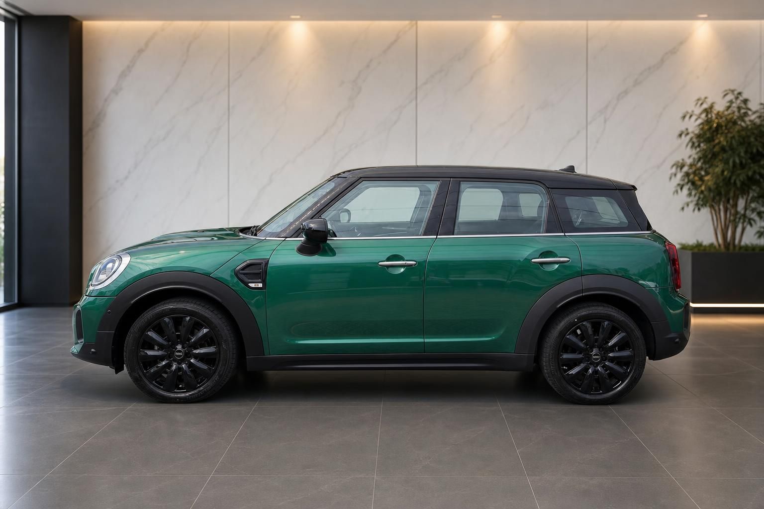 MINI Countryman gruen Seitenansicht im Showroom