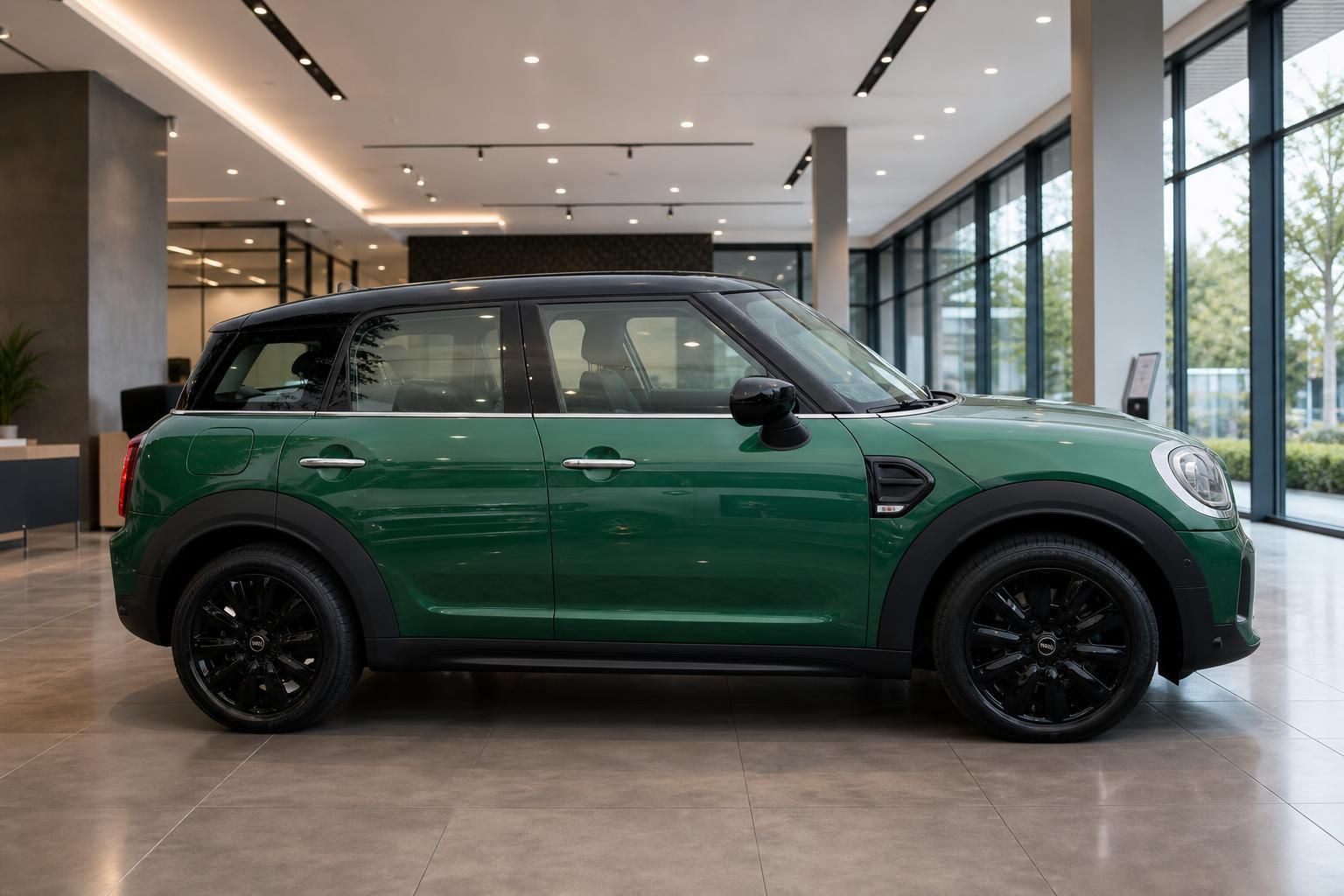 MINI Countryman gruen metallic Seitenansicht im Autohaus Showroom