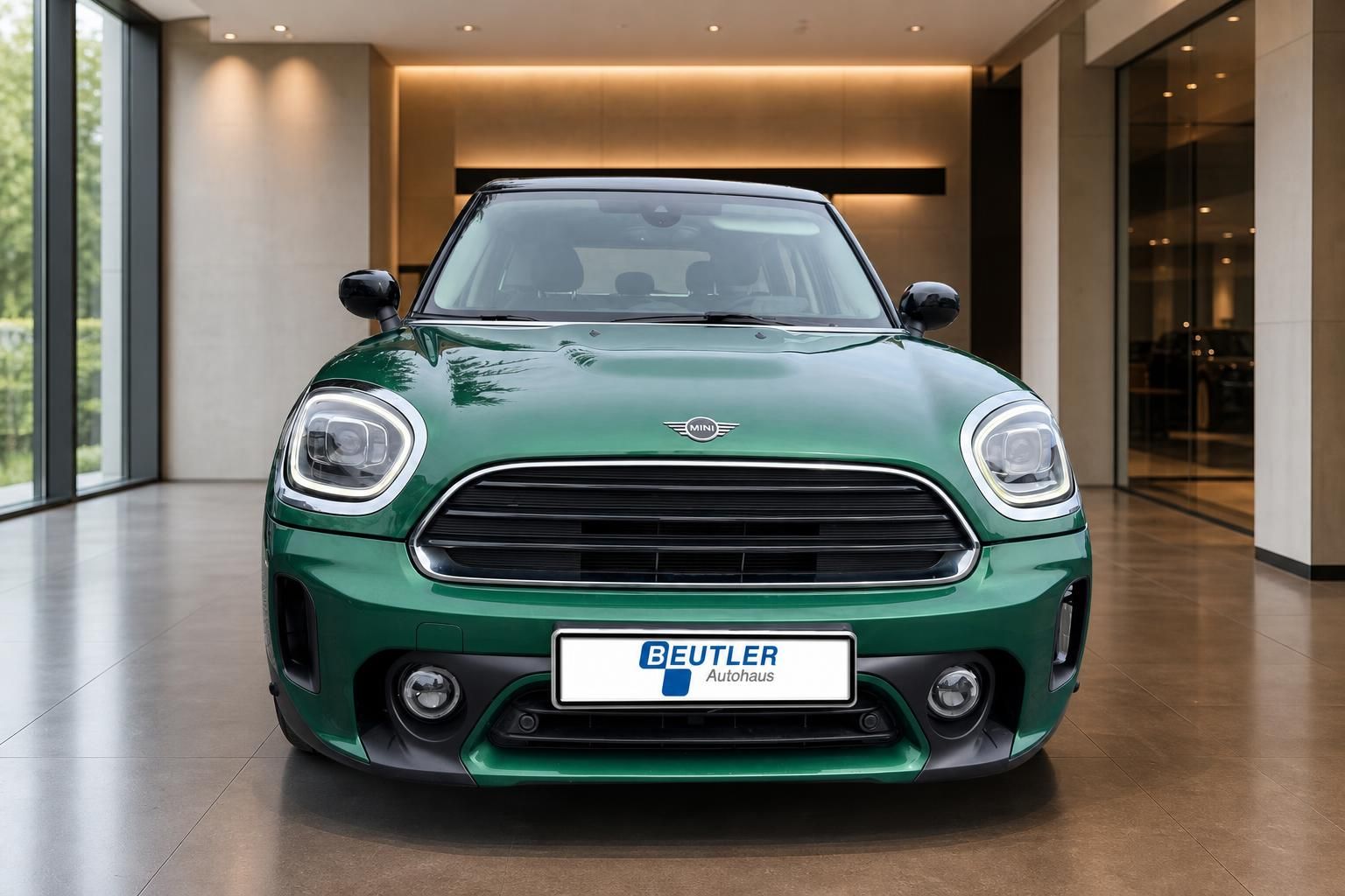 MINI Countryman gruen Frontansicht mit Kennzeichenhalter Beutler Autohaus