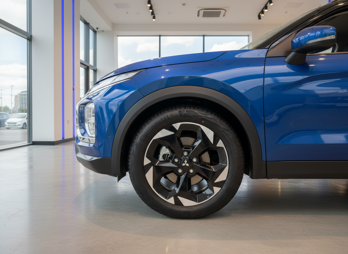 Mitsubishi Eclipse Cross in Blau im Autohaus – Nahaufnahme Vorderrad mit schwarzen Leichtmetallfelgen