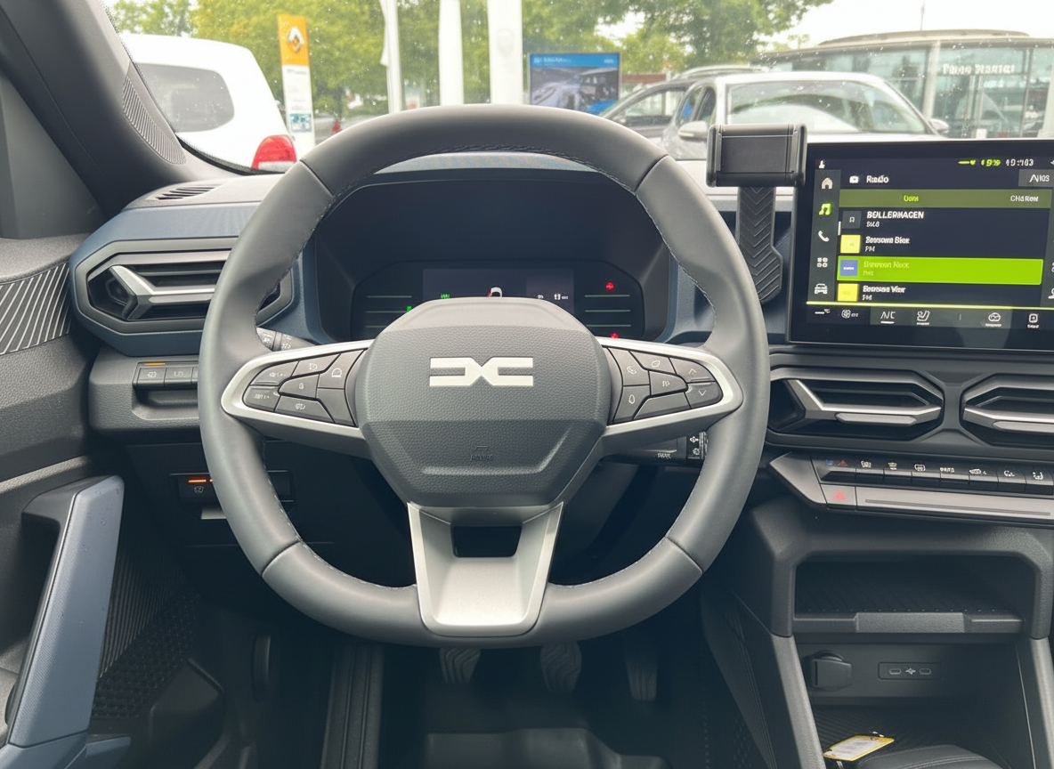 Dacia Innenraum mit Lenkrad und Infotainment-System, Cockpit-Ansicht vom Fahrersitz