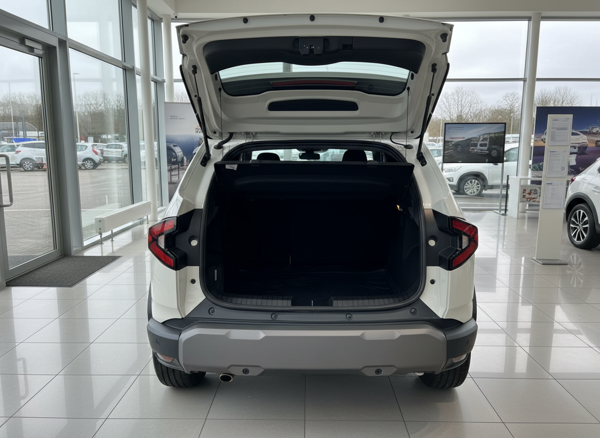 Weißes SUV mit geöffneter Heckklappe im Autohaus – Kofferraum Innenansicht