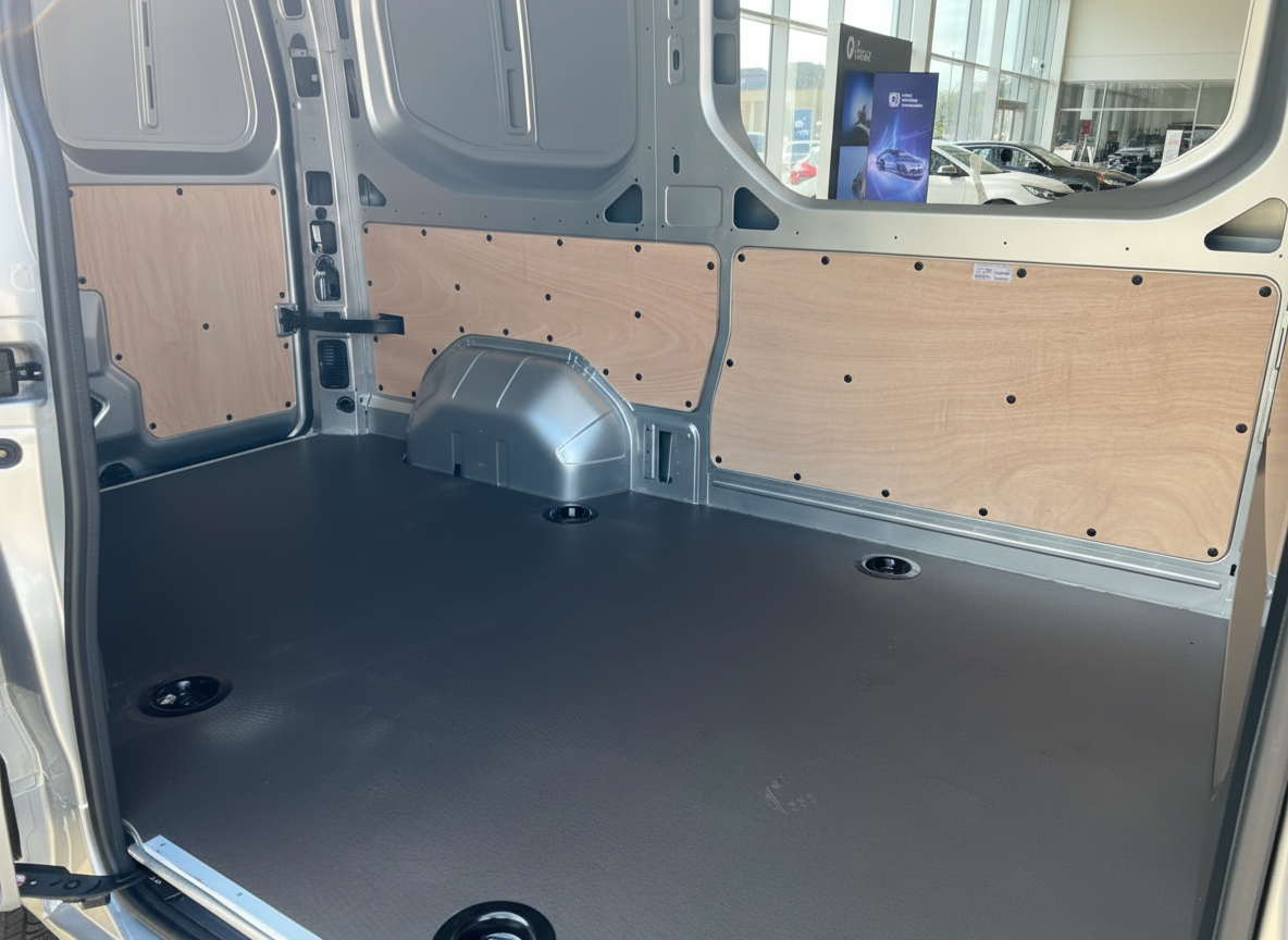Laderaum eines Transporter-Vans mit Holzverkleidung und dunklem Gummiboden