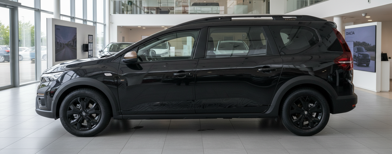 Schwarzer Dacia Jogger Seitenansicht im Autohaus mit schwarzen Felgen