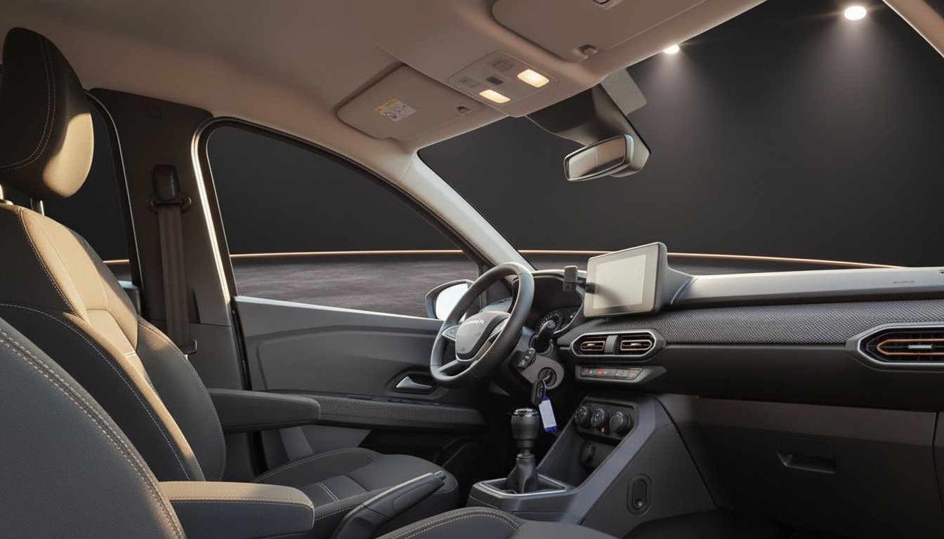 Modernes Fahrzeug Innenraum mit Ledersitzen, Touchscreen und Schaltgetriebe in schwarzem Design