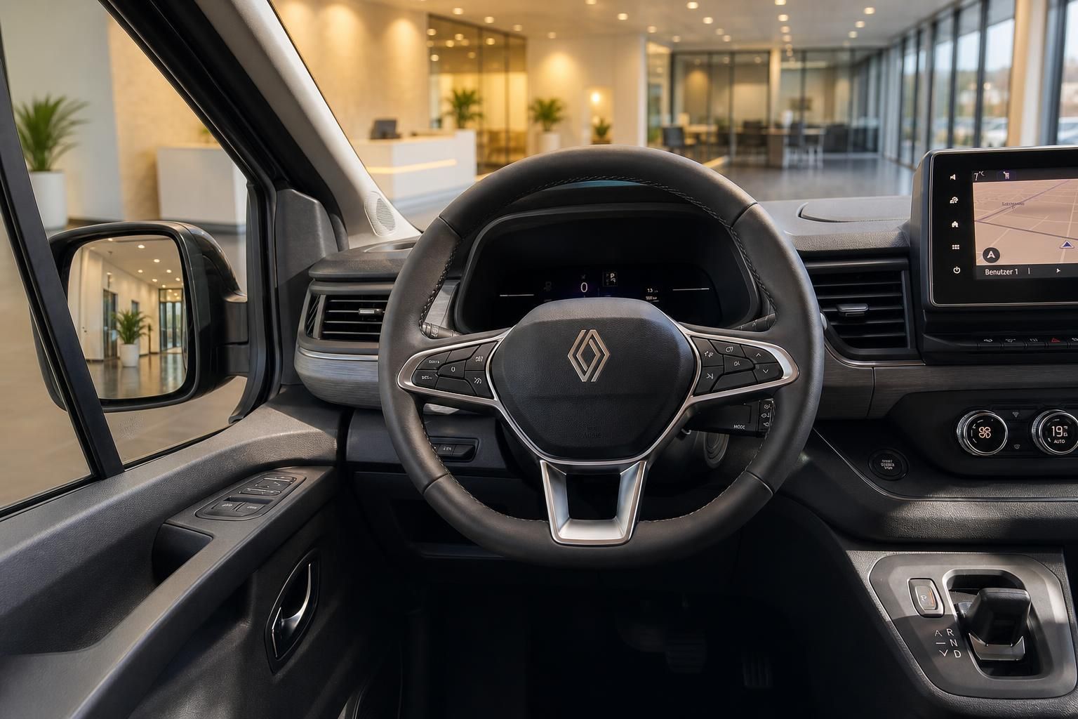 Renault Fahrzeug Cockpit mit Lenkrad, Touchscreen und modernem Innenraum Design