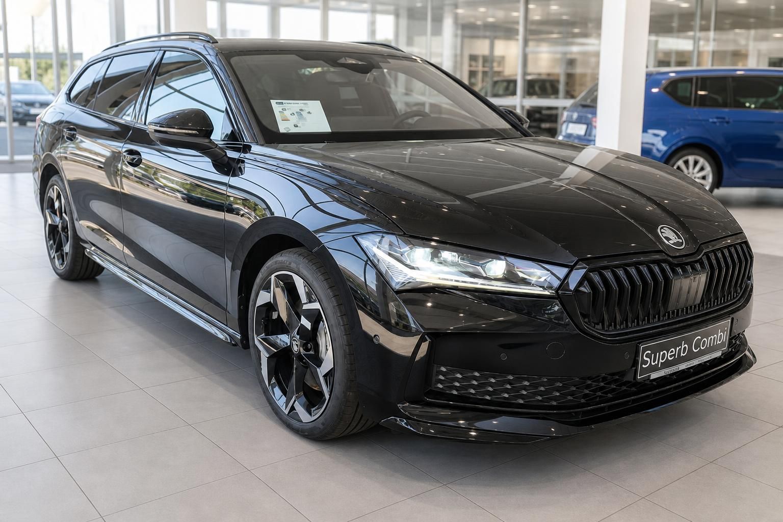 Skoda Superb Combi schwarz, Frontansicht mit Kuehlergrill