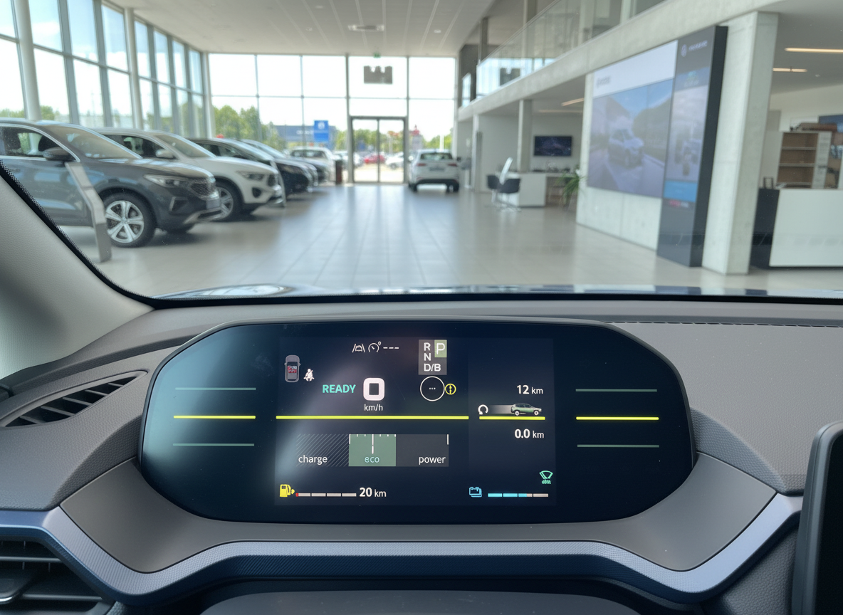 Volkswagen Elektrofahrzeug Cockpit-Display im Autohaus mit digitalem Instrumentencluster und READY-Anzeige