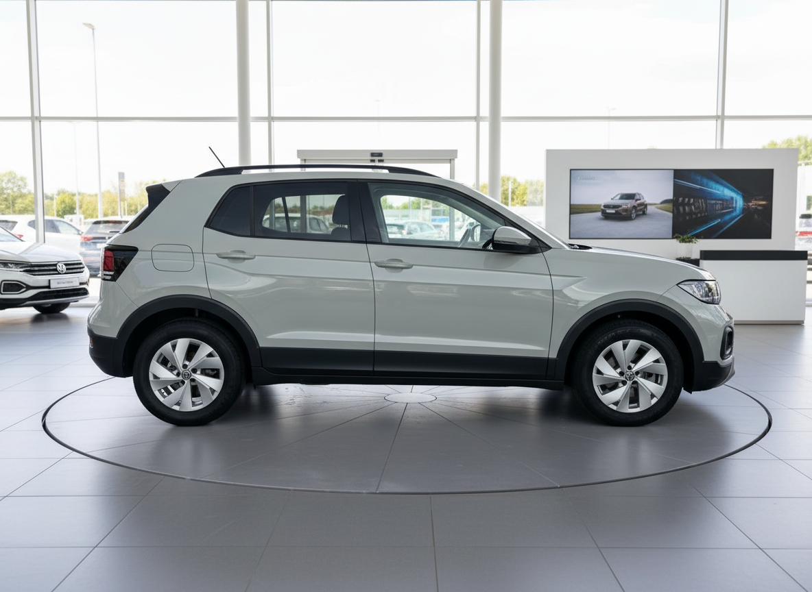 Volkswagen T-Cross in Weiß Seitenansicht im VW Autohaus Showroom