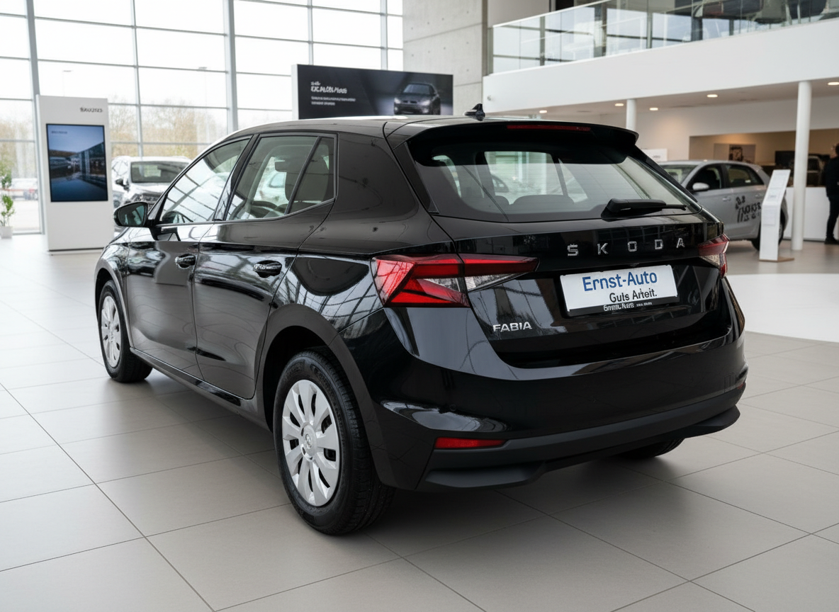 Škoda Fabia Hatchback in Schwarz, Heckansicht im Autohaus Ernst-Auto