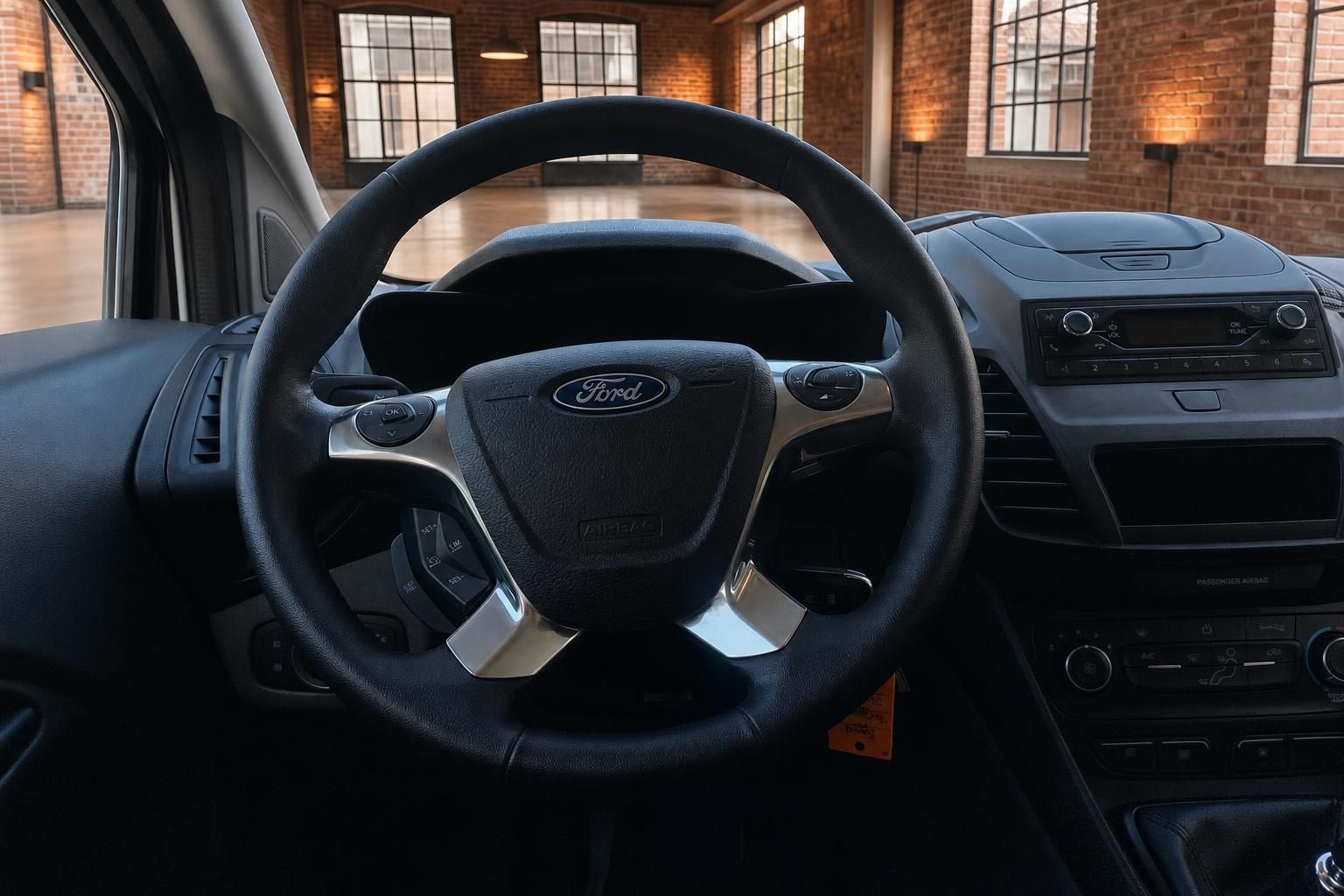 Ford Transit Connect Lenkrad Nahaufnahme – Multifunktionstasten, Airbag und Radio im Cockpit