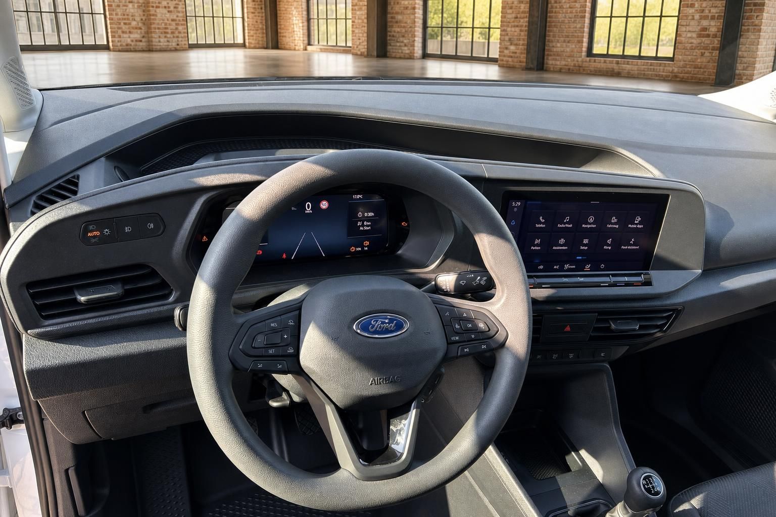 Ford Transit Custom Cockpit mit digitalem Kombiinstrument, SYNC Infotainment und Lenkrad