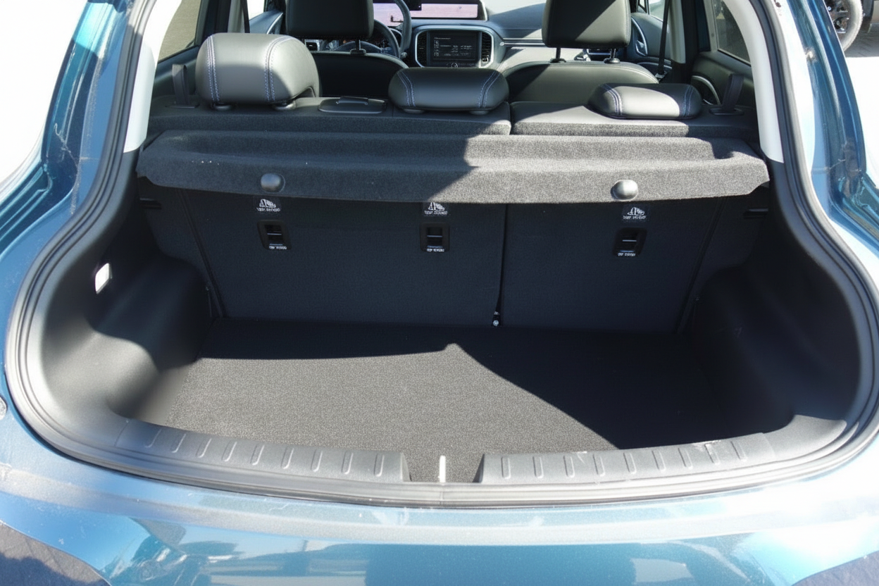 Kofferraum eines blauen SUV mit umklappbaren Rücksitzen und sauberem Laderaum