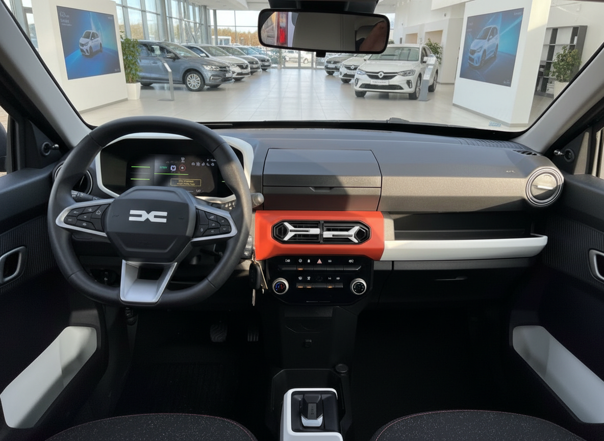 Dacia Spring Innenraum Cockpit mit orangefarbenem Armaturenbrett und digitalem Tacho im Autohaus